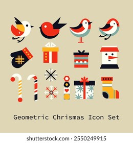 Christmas winter bird, gift box, snowman, sock, glove, candy cane collection icon vector flat style