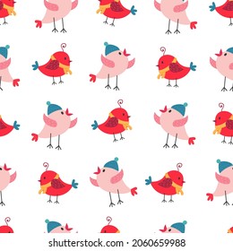Christmas winter bird seamless pattern. New Year cartoon animal pattern. Cute birds in Santa Claus hats. Stock vector flat illustration on a white background.