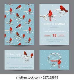 Christmas Winter Birds - Invitation or Greeting Card Set - in vector