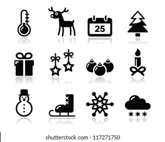 Christmas winter black icons set