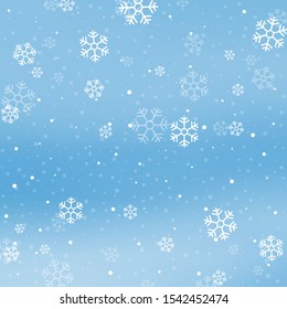 Christmas winter blue background with falling snow and snowflakes. Vector Illustration.