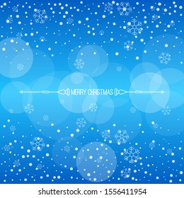 Christmas winter blue background with falling snow and snowflakes. Divider  with text Merry Christmas. Vector Illustration.