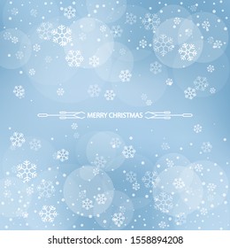 Christmas winter blue background with falling snow and snowflakes. Divider  with text Merry Christmas. Vector Illustration.