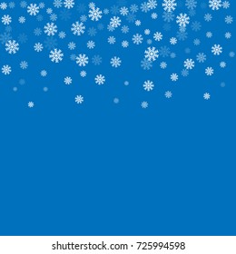 Christmas winter blue background with Christmas falling snowflakes. White elegant snowfall Christmas background. Happy New Year card design for holiday, winter Xmas decoration Vector illustration