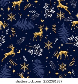 Christmas winter blue and gold pattern. Seamless background with deers, snowflakes, herbs. Celebration design for paper, cover, fabric, interior decor and other.