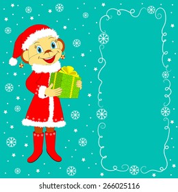 Christmas, winter border, card. Monkey with gift and snowflakes on a blue background, illustration