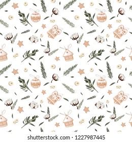 Christmas winter botanical pattern with cotton,mistletoe and tasty gingerbread bells, houses and balls