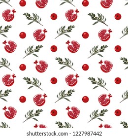 Christmas winter botanical pattern with pomegranate, berries and mistletoe