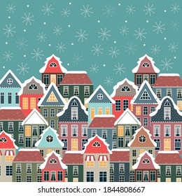 Christmas winter card with old vintage houses. Vector illustration. 