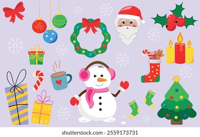 Christmas, winter cartoon flat elements set. Funny, snowman, Christmas tree, snowflakes, warm socks, Santa, traditional wreath made of Christmas tree branches and other holidays symbols.