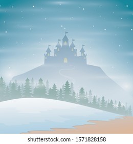 Christmas winter castle silhouette on the hill