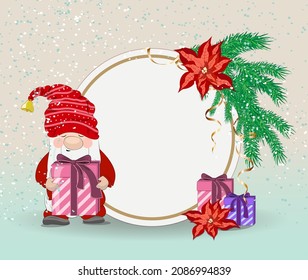 Christmas winter character Gnome. New Year's background, postcard with place for your text.