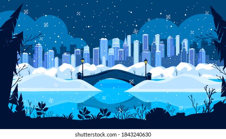 Christmas winter city holiday background with snow, bridge, New York buildings, park, trees outline. Urban architecture landscape with skyscrapers, pine silhouette. Winter city illustration in blue   svg