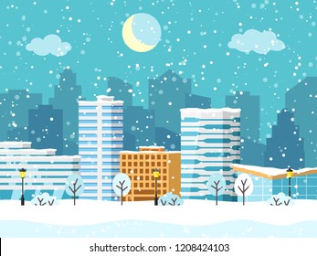 Christmas winter city landscape with big building. Snowy evening view with buildings and skyscrapers. Vector illustration