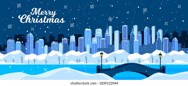 Christmas winter city landscape with snow, skyscrapers, bridge, trees, street lights. Holiday x-mas urban view with high building silhouette, frozen river,snowflakes.Horizontal flat winter city banner