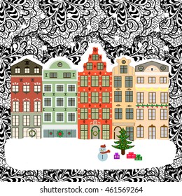 Christmas winter city on white and gray doodles background. Vector illustration.