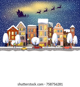  Christmas winter city street. Santa Claus with deers in sky above the city.Vector illustration.