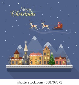 Christmas winter city street with small houses and trees and mountains on background. Santa Claus with deers in sky above the city. Flat style vector illustration.