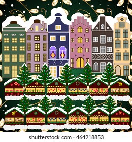 Christmas winter city. Vector xmas card with a decorated snowy old town at Christmas eve.