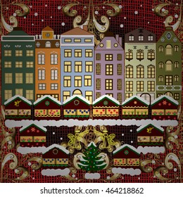 Christmas winter city. Vector xmas card with a decorated snowy old town at Christmas eve.