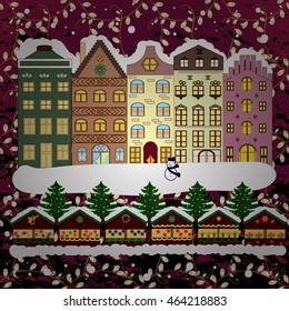 Christmas winter city. Vector xmas card with a decorated snowy old town at Christmas eve.