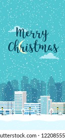 Christmas winter city vertical landscape with big building. Snowy evening view with buildings and skyscrapers. Vector illustration for smartphones