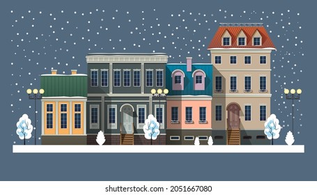 Christmas winter cityscape with beautiful buildings. Vector illustration.