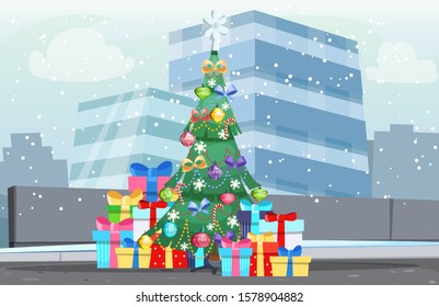 Christmas winter cityscape, fir tree and gifts. City park snow alley and buildings. Happy new year decoration. Merry christmas holiday. New year and xmas celebration. Vector illustration flat style