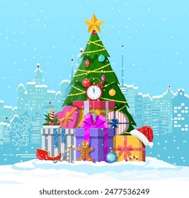 Christmas winter cityscape, fir tree and gifts. City park snow alley and buildings. Happy new year decoration. Merry christmas holiday. New year and xmas celebration. Vector illustration flat style