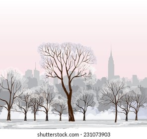 Christmas Winter Cityscape with luminous street lantern, snow flakes and trees. Old street light in city park snow alley.