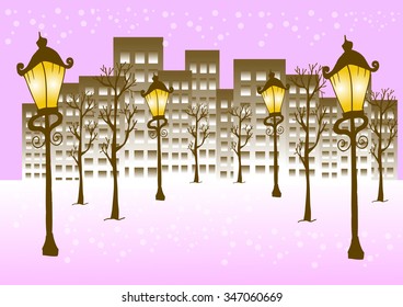 Christmas Winter Cityscape with luminous street lantern, snow flakes and trees.