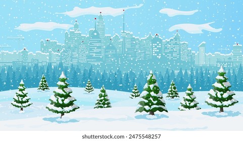 Christmas winter cityscape, snowflakes and trees. City park snow alley and buildings. Happy new year decoration. Merry christmas holiday. New year and xmas celebration. Vector illustration flat style