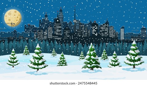 Christmas winter cityscape, snowflakes and trees. City park snow alley and buildings. Happy new year decoration. Merry christmas holiday. New year and xmas celebration. Vector illustration flat style