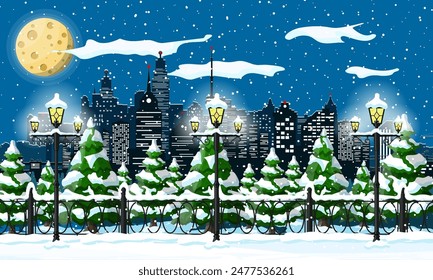 Christmas winter cityscape, snowflakes and trees. City park snow alley and buildings. Happy new year decoration. Merry christmas holiday. New year and xmas celebration. Vector illustration flat style