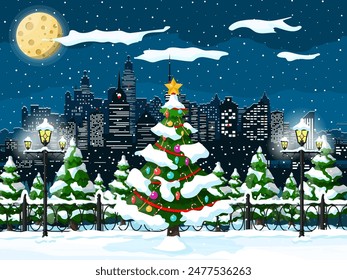 Navidades paisaje urbano invernal, copos de nieve y árboles. Parque de la ciudad, callejón de nieve y edificios. Feliz año nuevo decoración. Feliz Navidad. Nuevo año y celebración de navidad. estilo plano de Ilustración vectorial