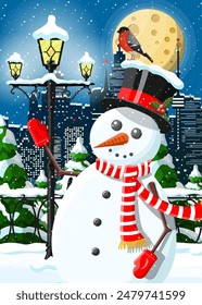 Christmas winter cityscape, snowman and trees. City park snow alley and buildings. Happy new year decoration. Merry christmas holiday. New year and xmas celebration. Vector illustration flat style