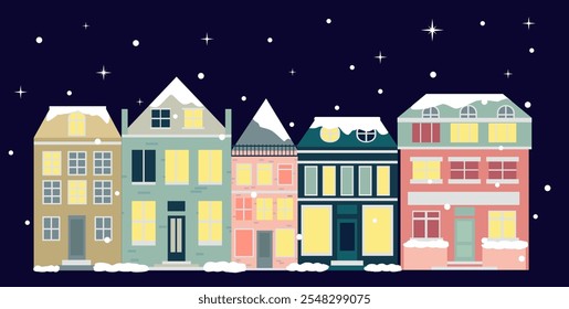 Christmas winter cityscape. Snowy street. Xmas fair. House with windows or store doors. Town square buildings. Christmas greeting card background poster.