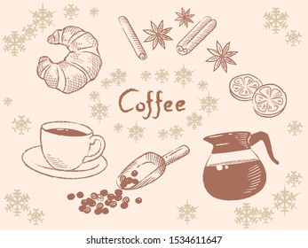Christmas or winter and coffee themed Items for cafe menu or other use. Vintage style. Vector illustration.