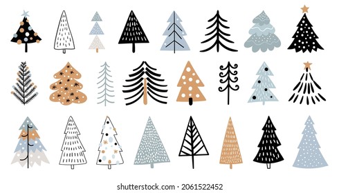 Christmas winter collection with trees, isolated on white, different seasonal design, doodle shapes