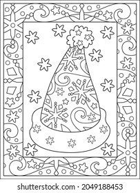Christmas winter coloring antistress with Santa Claus hat. Vector vertical coloring with zentangles on the theme of Christmas. Outline