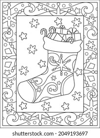 Christmas winter coloring antistress with sock with gifts. Vector vertical coloring with zentangles on the theme of Christmas. Outline
