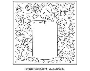 Christmas winter coloring page with candles, snowflakes and stars - vector zentangle for coloring. Outline. Linear drawing with copy space in candles