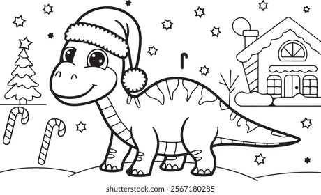 christmas winter colouring sheet, cute cartoon dinosaur.kids coloring page lineart design