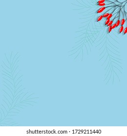 Christmas or winter composition. Frame made of pine branch and red berries on pastel blue background. Christmas, winter, new year concept. Top view, copy space. Vector illustration.
