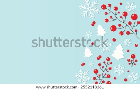 Christmas or winter composition. Snowflakes, tree and red berries on blue background. Christmas, winter, new year concept vector banner. Flat top view, copy space for text.