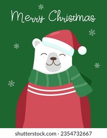 Christmas and winter concept. White bear in Santas hat.