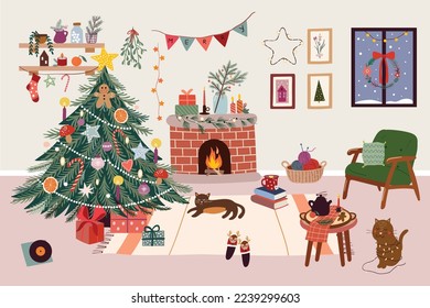 Navidad invierno acogedor interior con árbol de Navidad, chimenea, regalos, diseño vectorial