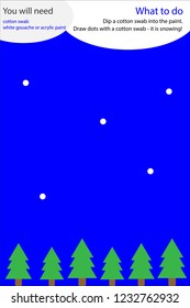 Christmas winter craft activity, snow cartoon, education game for development of preschool children, use white paint and cotton swab to create the picture, art worksheet for kids, vector illustration
