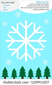Christmas winter craft activity, snowflake cartoon, education game for development of preschool children, use glue, glitter and salt to create the applique, art worksheet for kids, vector