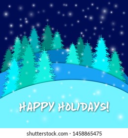 Christmas winter cut landscape background. Spruce  forest in snowdrifts under the stellar snowfall . New Year vector scene.
